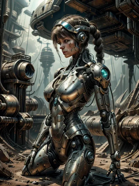 a stranded female cyborg soldier in an abandoned battle starship shipwreck, metal cable wire, circuit cables, dystopian futurist...