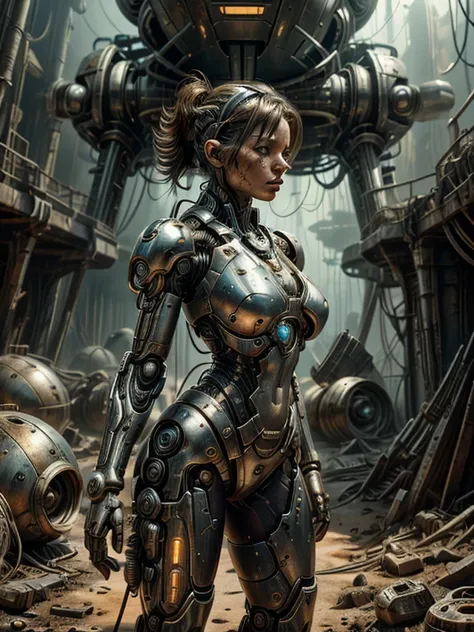 a stranded female cyborg soldier in an abandoned battle starship shipwreck, metal cable wire, circuit cables, dystopian futurist...