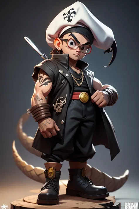 personnage 3D,rappeur,bandana noir de pirate, lunettes noires, tatouages(tout le corps:1.2),fond ciel nuageux dragon ball z, chef-d&#39;artwork,best quality,(blue gradient background:1.1)