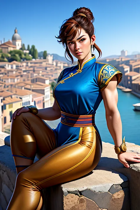 beautiful woman, chun li, brown hair, in blue yellow blouse and pants, sitting on a mountainside, looking at the city like venic...