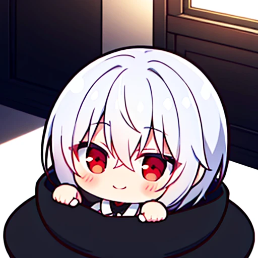 High resolution、close range、High Angle、White haired anime boy smiling at camera、Monochrome、White skin、Black Blanket Shadow Body、indoor、Cafe、Red eyes、cute、boy、Short Hair