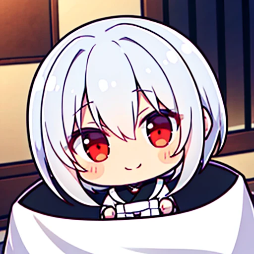 High resolution、close range、High Angle、White haired anime boy smiling at camera、Monochrome、White skin、Black Blanket Shadow Body、indoor、Cafe、Red eyes、cute、boy、Short Hair