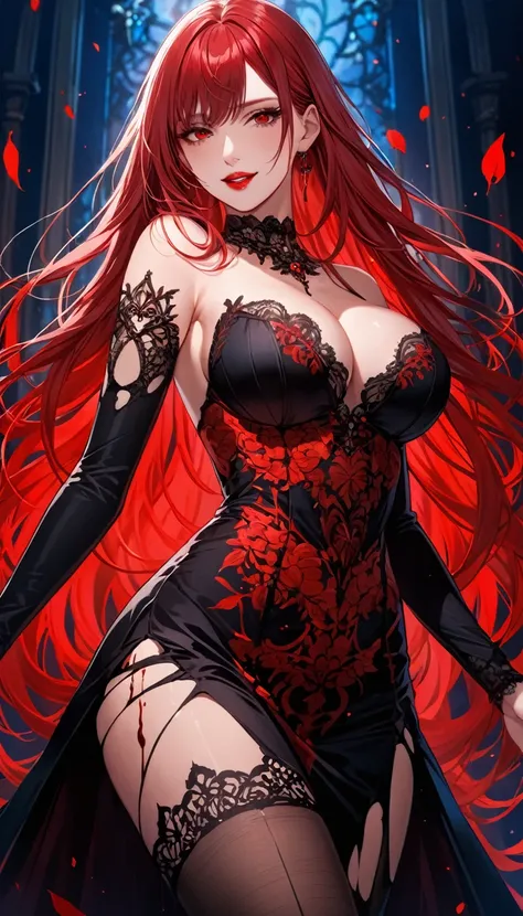 best quality,masterpiece, an extremely delicate and beautiful, CG,extremely detailed ,highres, extremely detailed,depth of field, 1girl,beautiful detailed girl,(Blood red hair),long_hair, beautiful detailed red eyes,(makeup:1.2),Red lips,light on face,(sed...