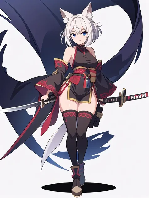 (((Best Quality))) , ((full body)), female, character sheet, solo, (white background), bare shoulders, sleeve, thigh high, katana,