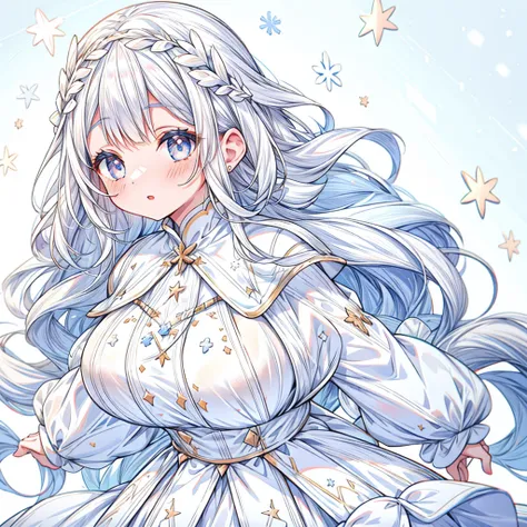 1 girl, flakes, Girl Milk, milk, white colored hair, white clothing, snow white skin, Hair flakes, flakes on the cheeks, flakes on the face, Colorful flakes, flakes on clothes, whitebackground, Milk flows