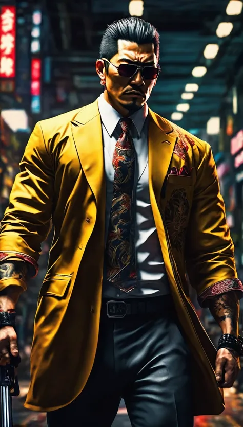 A Yakuza enforcer carrying out a brutal punishment on someone who crossed the organization, detail, shot, dramatic, daylight, indoor studio lights, medium shot , highly detailed, vibrant, detailed textures, medium shot, ultrawide, full length shot, realist...