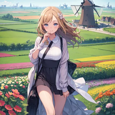 masterpiece、highest quality、High resolution、Very detailed、Medium wide shot、Beautiful eyes、Girl、Big Breasts、On the go、Townscape of the Netherlands、Travel bag、laughing、Flower Field、windmill、Hair blowing in the wind、