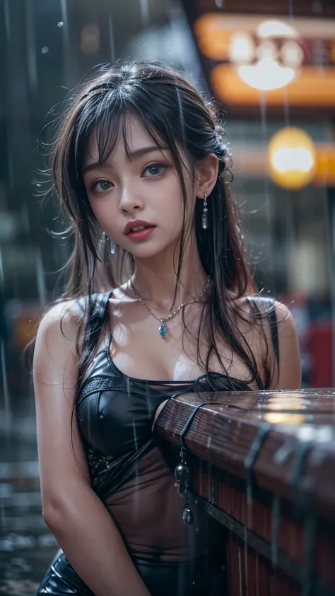 (RAW shooting, Realistic:1.5, 8k, highest quality, masterpiece, Ultra-high resolution), night, Great background, Expressions of sadness:0.7, (Typhoon heavy rain), Highly detailed skin and facial textures:1.3, Perfect dynamic composition:1.0, A slim high sc...