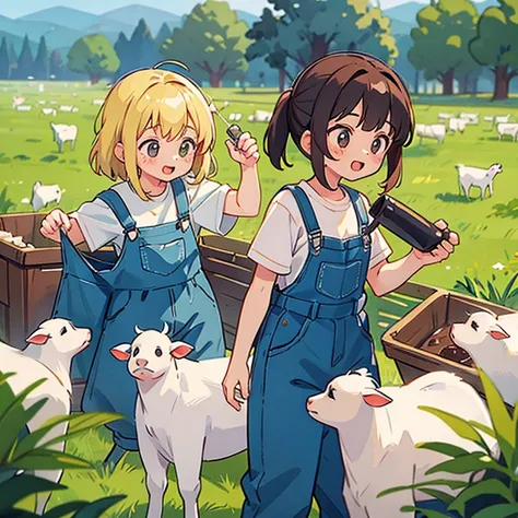 Girls in overalls milking cows on a farm