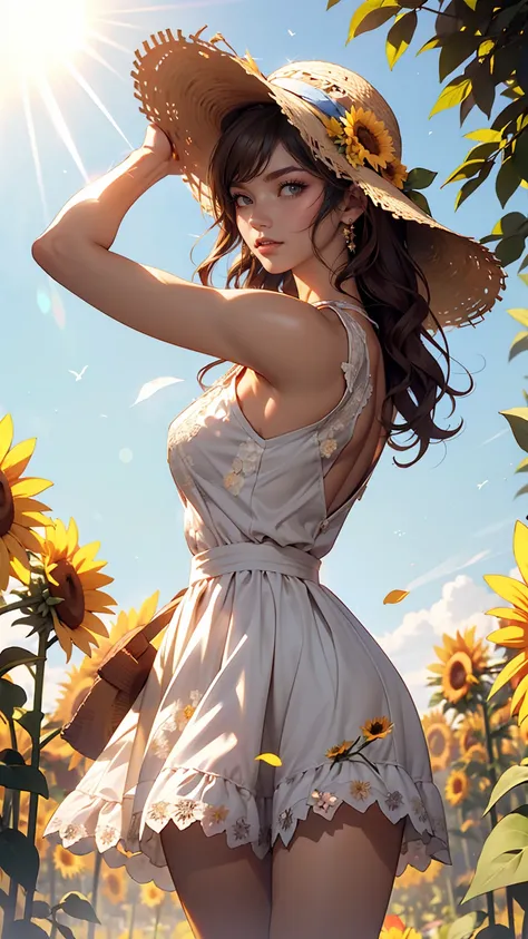 Send it,One girl,alone, (White lace dress:1.2),loose fitting dress (sun visor hat:1.2), Sunflower field, Under the sunlight, A light smile,View your viewers, Wind, dynamic, Strong light and shadow,dynamic pose,