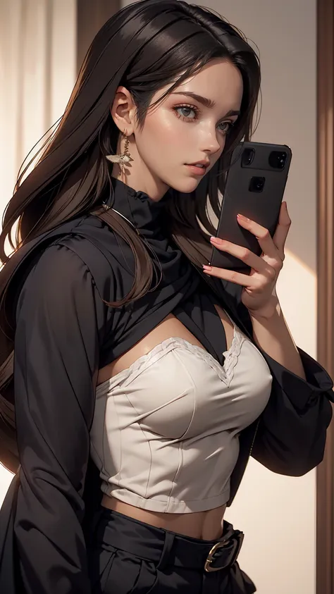 arabian woman in a black shirt and black jacket, portrait of sophie mudd, young woman taking a selfie, inspired by tessa thompso...