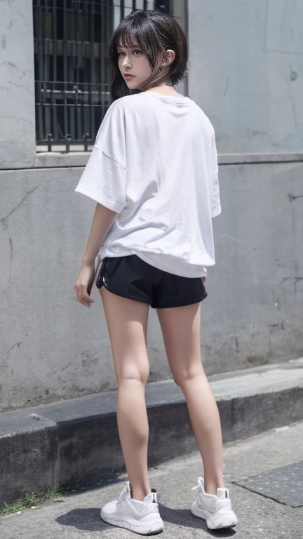 Black shorts、There is a white border on the hem、There is a slight slit at the hem、Very short pants、Small Ass、Beautiful Skin、Beautiful thighs、Stylish、Long legs、sporty design、Short Bob、Oversized white T-shirt、Clothes that show underwear lines