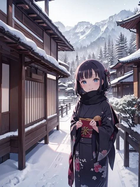 masterpiece、highest quality、High resolution、Very detailed、Medium wide shot、Beautiful eyes、Girl、kimono、Winter clothes、Scarf、Snow Country、Snow Scene、laughing、Old Japanese House、