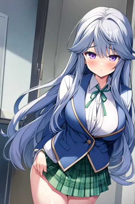 yuliavalkova
grey hair, blue hair, long hair, purple eyes, large breasts, nsfw
 See Through, blue jacket, blazer, white shirt, green ribbon, green skirt, plaid skirt, nipple, ,15years old