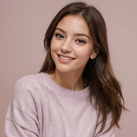 a young woman on a solid pink background. Ella luce alegre y sonriente, looking to his right with an expression of happiness and excitement.

The woman is wearing a light lilac knitted sweater, con textura visible y mangas largas. The sweater has a loose f...