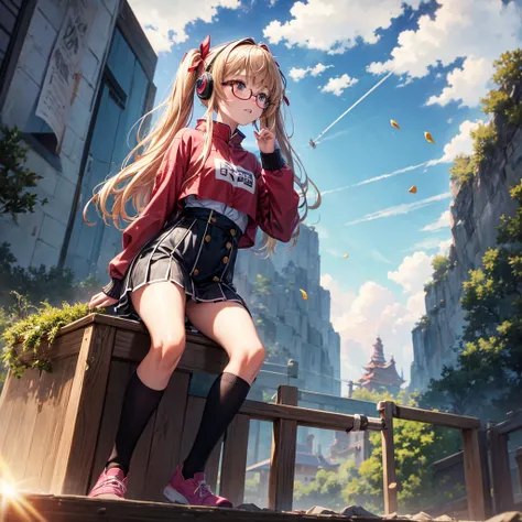 Pink gold golden hair、Golden Eyes、One good looking girl、Twin tails、solo、anime、Checkered mini skirt、The skirt has buttons、Red T-shirt、Long sleeve、China、Cape、Black knee-high socks、Wearing headphones、Wearing a ribbon、Ribbon on waist、Tilting face、Teeth are vis...