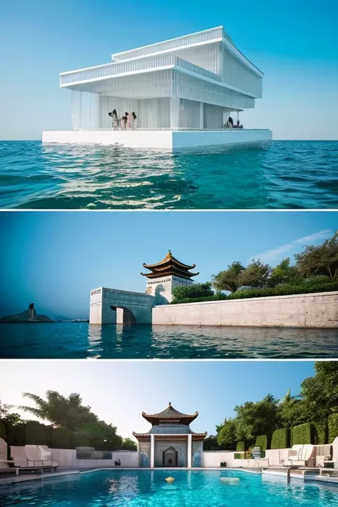 The Temple Sunk into the Sea,swimming fish,Sparkling water,European style,White Building,