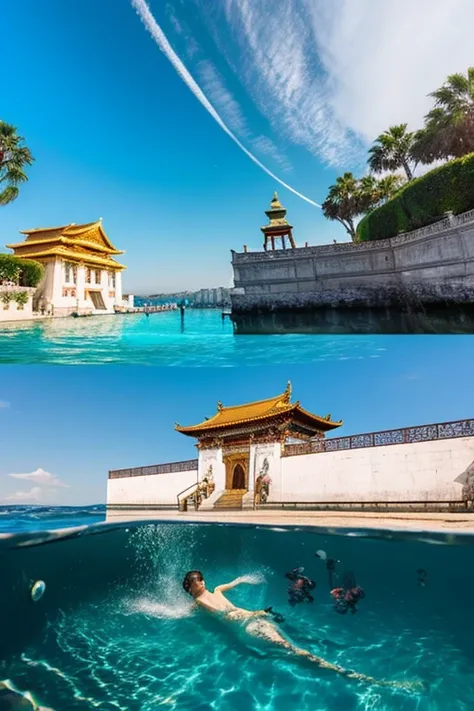 The Temple Sunk into the Sea,swimming fish,Sparkling water,European style,White Building,