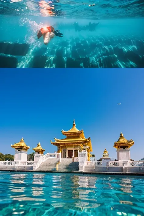 The Temple Sunk into the Sea,swimming fish,Sparkling water,European style,White Building,