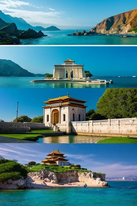 in one photo１One Landscape,The Temple Sunk into the Sea,In the water,swimming fish,Sparkling water,Realistic photos,European style,White Building,luxury,gem,dazzling,Plenty of fish,Beautiful Landscape,RPG World,