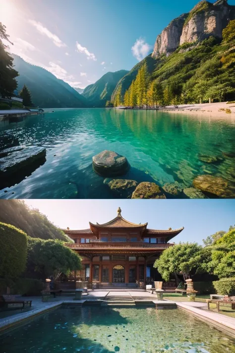 in one photo１One Landscape,The Temple Sunk into the Sea,In the water,swimming fish,Sparkling water,Realistic photos,European style,White Building,luxury,gem,dazzling,Plenty of fish,Beautiful Landscape,RPG World,Victorian style house、Vestibule. High resolut...