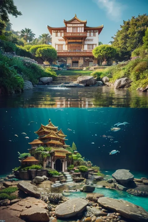 in one photo１One Landscape,The Temple Sunk into the Sea,In the water,swimming fish,Sparkling water,Realistic photos,European style,White Building,luxury,gem,dazzling,Plenty of fish,Beautiful Landscape,RPG World,Victorian style house、Vestibule. High resolut...