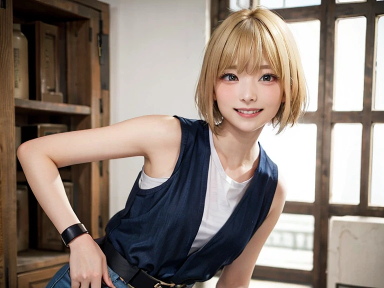 Blonde woman、short hair、Small breasts、Pink short sleeve T-shirt、Wear a navy sleeveless jacket over a T-shirt、Wearing light blue jeans、Wear a black belt、bracelet、Smiling and posing at home(highest quality、Masterpiece)))、HD Fine、Very detailed、Masterpiece、Sho...