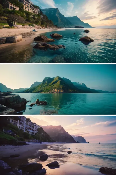 Generate a coastal landscape。in one photo１One Landscape,The Temple Sunk into the Sea,In the water,swimming fish,Sparkling water,Realistic photos,European style,White Building,luxury,gem,dazzling,Plenty of fish,Beautiful Landscape,RPG World,Victorian style ...