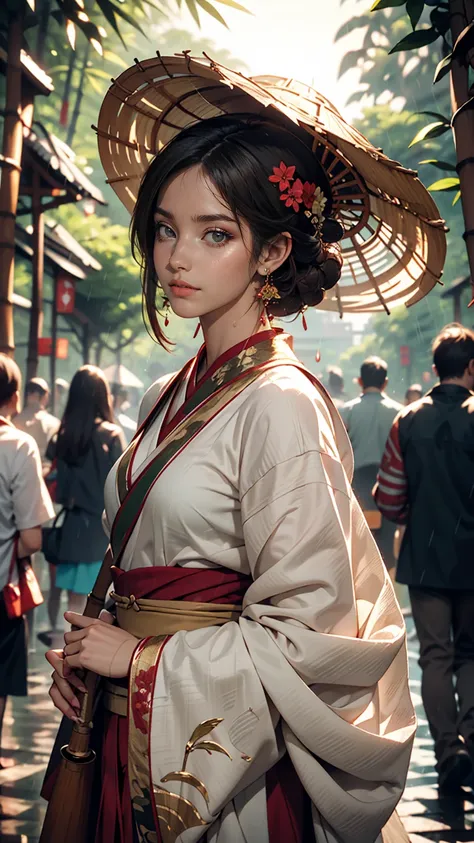 masterpiece, Highly detailed CG Unity 8k wallpaper, 1 girl, beautiful, Realistic, Blur, Blurred background, Blurred foreground, bamboo forest, Depth of written boundary, Earrings, jewelry, nose, Realistic, alone, Hanfu, Holding a paper umbrella, rain