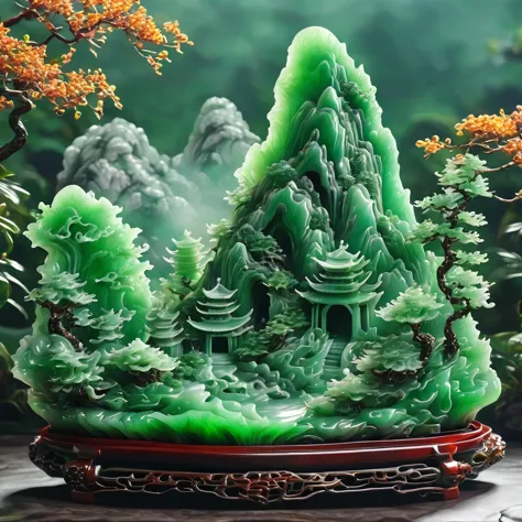 best quality, very good, 16k, ridiculous, extremely detailed, gorgeous mountain，monk，made of translucent jadeite, background gra...