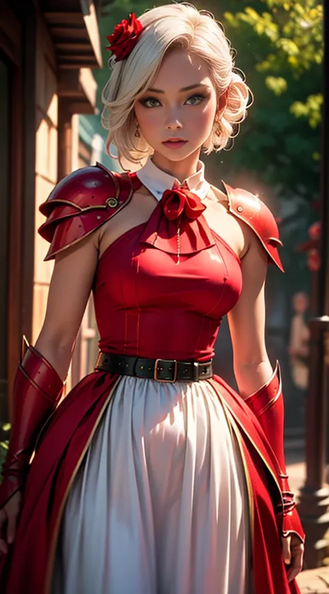 photorealistic, octane render, best quality, 1girl, , short girl, noelle gi, short hair, white hair, green eyes, braid, hair flower, red rose, knight armor, fantasy armor, maid skirt, belt, looking at viewer, sharp focus, (8k), (4k), (Masterpiece), (Best Q...