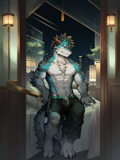 Chinese dragon boy，Gray fur，Topless, mammal, hairy，Gray Eyes，upscale hotel，Green and black gradient swimming trunks quality