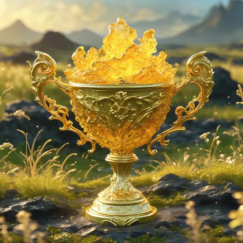 best quality, very good, 16K, ridiculous, Extremely detailed, Lovely(((Gold Trophy:1.3)))，Made of translucent boiling lava, Background grassland（（A masterpiece full of fantasy elements）））， （（best quality））， （（Intricate details））（8k）