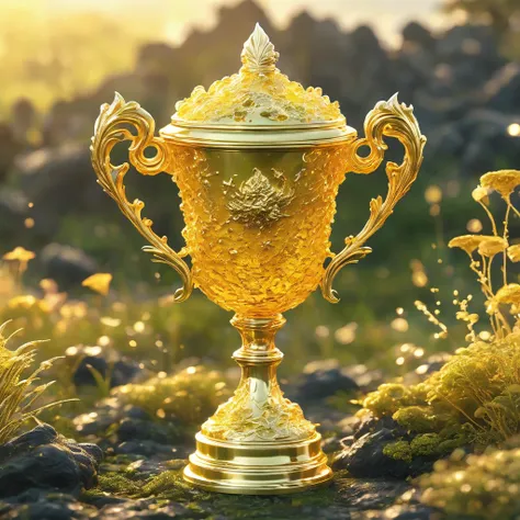 best quality, very good, 16K, ridiculous, Extremely detailed, Lovely(((Gold Trophy:1.3)))，Made of translucent boiling lava, Background grassland（（A masterpiece full of fantasy elements）））， （（best quality））， （（Intricate details））（8k）