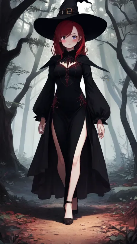 beautiful red hair female , witch long dress ,fantasy ,dark forest walking