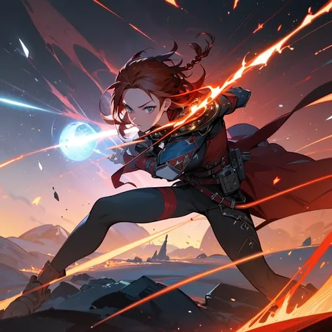 One woman, (magical female warrior), braided hairstyle (red hair: 1.5), break, light armor, wearing a sword, harness, leggings, deep picture, over quality, high quality, sword with particle effects Please make it shine blue, dignified, dignified, ultimatel...