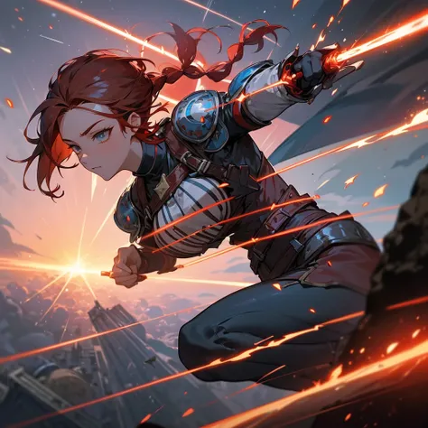 One woman, (magical female warrior), braided hairstyle (red hair: 1.5), break, light armor, wearing a sword, harness, leggings, deep picture, over quality, high quality, sword with particle effects Please make it shine blue, dignified, dignified, ultimatel...