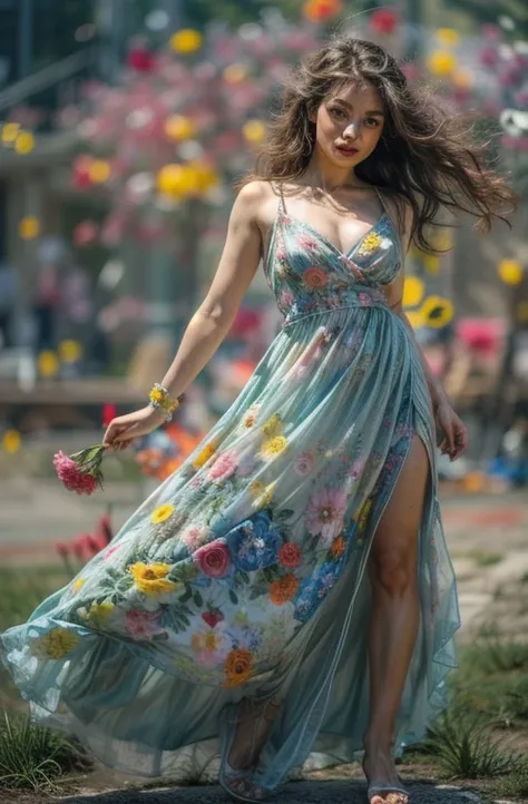 mujer, vestido de flores, vistoso, querido fondo,romance_fantasy theme,Exposure Mix, tiro medio, bokeh, (hdr:1.4), alto contraste, (colores apagados, Colores vibrantes, tonos calmantes:1.3), low saturation,alto detallado, (pechos grandes, Cuerpo femenino p...