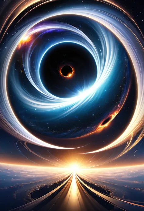 ((Realistic simulation of a black hole))Infinitely forward、Parallel universes that extend infinitely backwards, Extended singularity, Infinitely into the past、And into the future, infinitely, Curved Space-Time, Event Horizonte, moment, shocking, impressive...