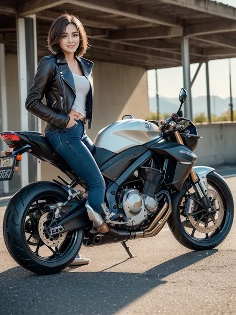 ((highest quality, 8K, masterpiece: 1.3)), sharp: 1.2, perfect body beauty: 1.4,pretty girl,light brown short hair,(((Girl on a motorcycle))),slender body,brown motorcycle leather jacket and leather pants,Highly detailed face and skin texture,((full body s...