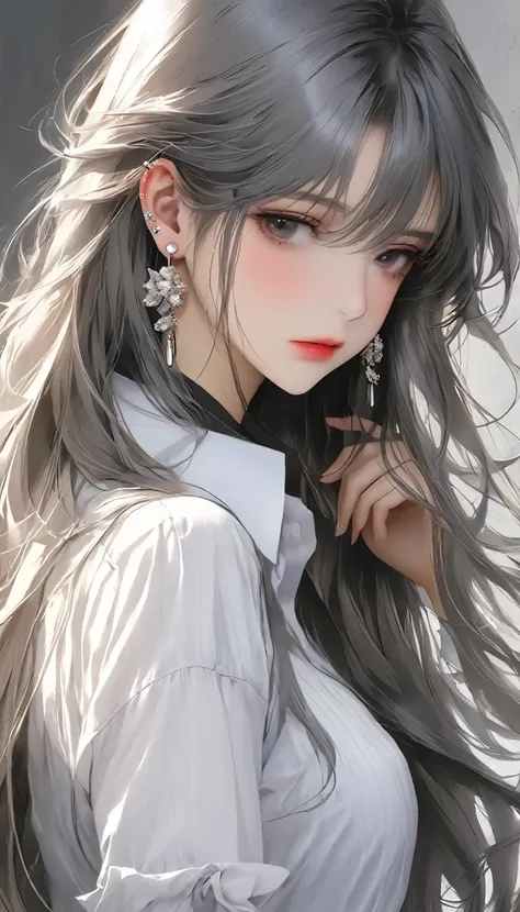 1 girl, lonely, long hair, shirt, white shirt, bangs, upper body, earrings,  jewelry, gray hair, shut up、thinking ahead