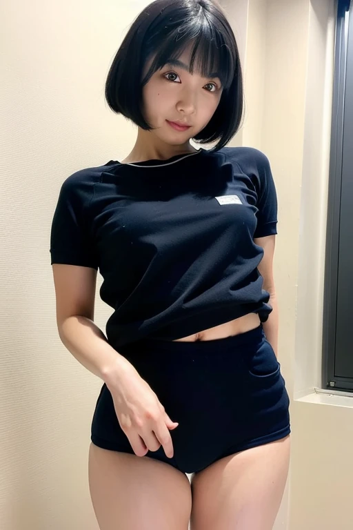 (8k, RAW Photos, highest quality, masterpiece:1.2), (Realistic, photo-Realistic:1.4), (Highly detailed 8k wallpaper), Beautiful woman in Japan at school. Blue Bloomers, Short Bob Hair, Black Hair,  Are standing