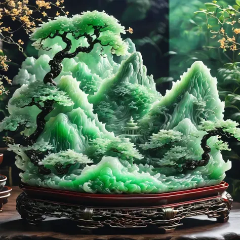 best quality, very good, 16k, ridiculous, extremely detailed, gorgeous mountain，li bai，made of translucent jadeite, background g...