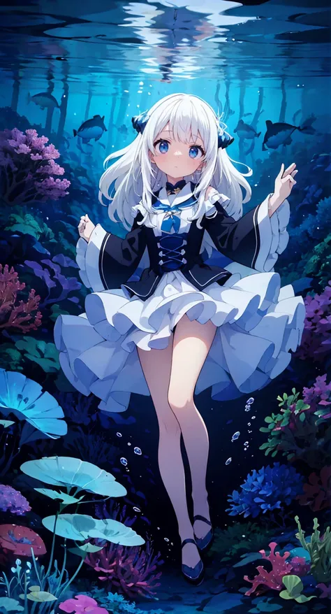 (Peace Fly), (highest quality), Very detailed, 1 girl, Personal full-body photo, Perfect Face, beautiful girl, Very detailed顔，(Long white hair:1.5)，(blue eyes:1.4)，(Flowing Hair:1.4)，(Underwater:1.4)，sink，school fishy，Light，jellyfish，Seaweed，Redfish，fishy，...