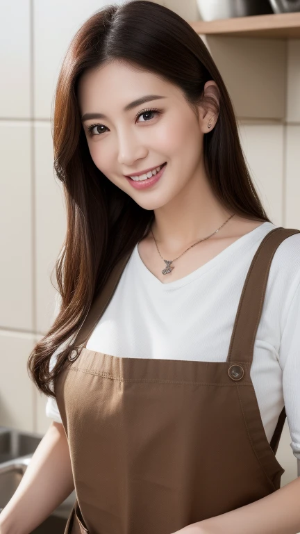 (highest quality、8k、masterpiece:1.3)、Beautiful woman with perfect figure:1.4、Dark brown long hair、30 years old、Wearing a pendant、Wearing a brown bib apron、White T-shirt、In the kitchen、Highly detailed face and skin、Detailed eyes、double eyelid、Big Breasts 、L...