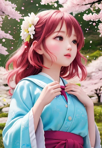 Girl in the forest with floating flowers, river, Puffy, Puffy cheeks, cute, 
Vibrant colors, Colorful art style, 
Soft lighting, Soft Shadows, Detailed Texture, Dynamic Lighting, 
Nice hands, Perfect hands, Mount Fuji and cherry blossoms in the background
