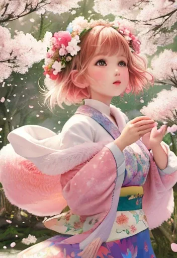 Girl in the forest with floating flowers, river, Puffy, Puffy cheeks, cute, 
Vibrant colors, Colorful art style, 
Soft lighting, Soft Shadows, Detailed Texture, Dynamic Lighting, 
Nice hands, Perfect hands, Mount Fuji and cherry blossoms in the background
