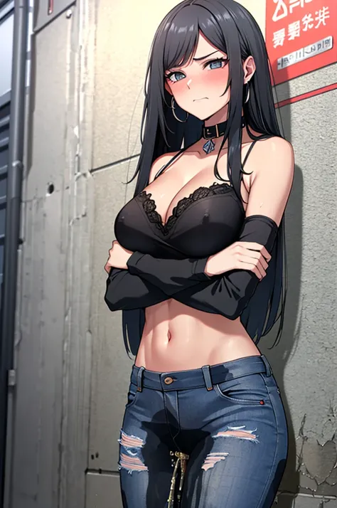 A woman with very long black hair and (very long bangs:1.5), wearing a crop top and gray jeans, pantyhose, standing. The artwork is inspired by manga and incorporates a doujin style. The woman appears to be (wetting herself:1.5), which causes her to feel e...