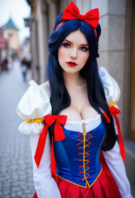 Araffe dressed as a snow white with a red bow and a red bow, beautiful vampire queen, realistic cosplay, Marceline from Adventure Time, anime girl cosplay, 4K HD snow white hair, beautiful vampire queen, snow white as a d &d fighter, snow white, anime cosp...