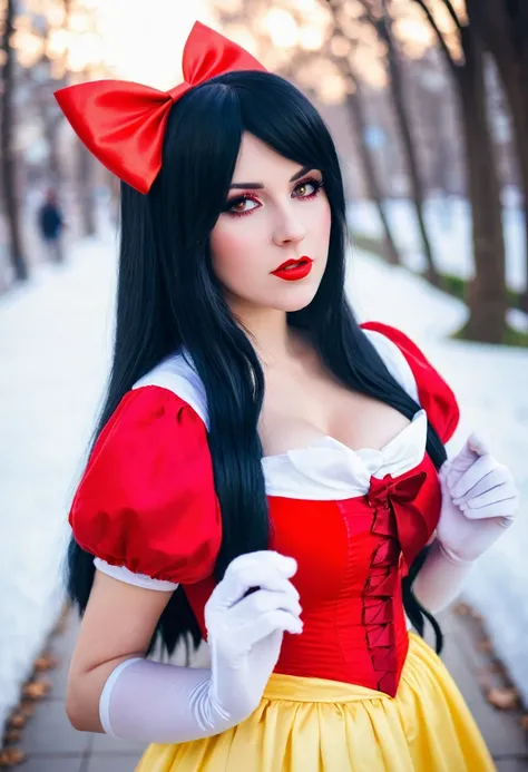 Araffe dressed as a snow white with a red bow and a red bow, beautiful vampire queen, realistic cosplay, Marceline from Adventure Time, anime girl cosplay, 4K HD snow white hair, beautiful vampire queen, snow white as a d &d fighter, snow white, anime cosp...